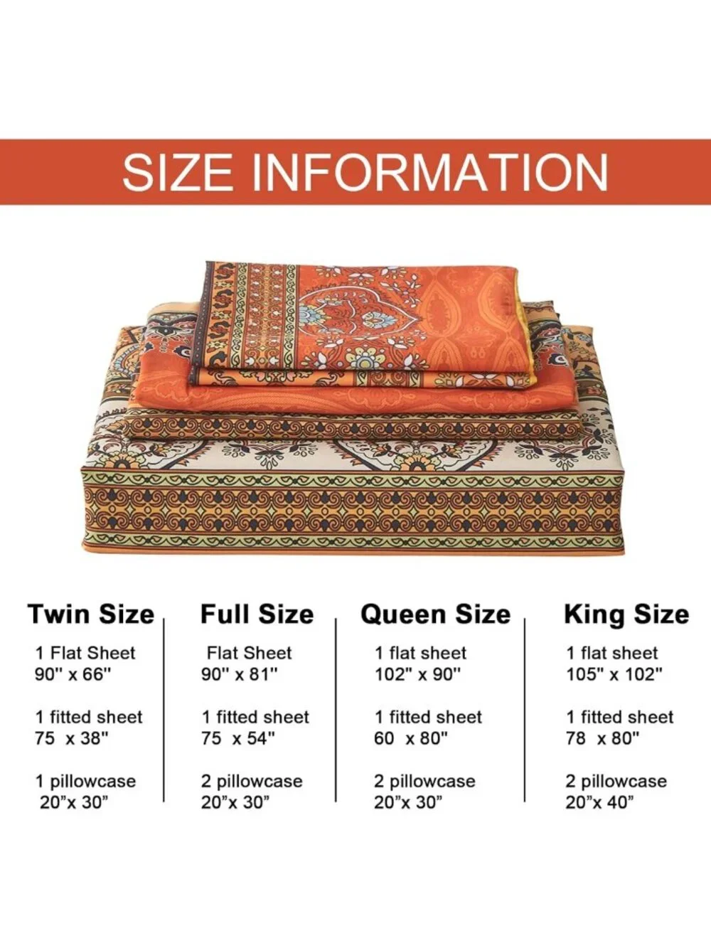 Boho Orange Queen Sheet Set - 4 PCS Colorful Striped Bedding, Deep Pocket